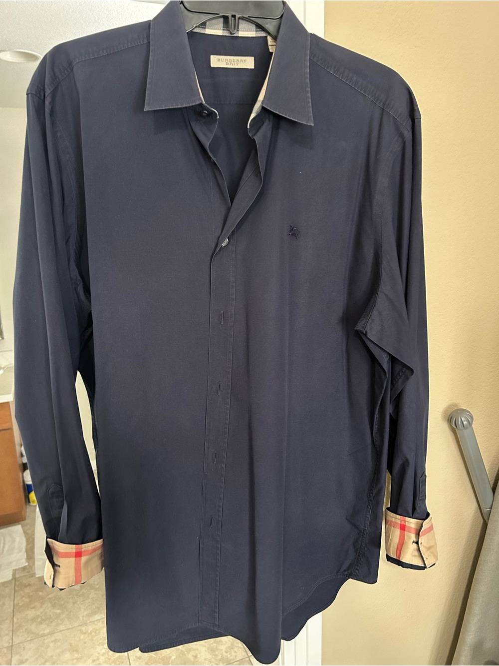 Burberry Navy Long-Sleeve Cotton Dress Shirt with Signature Check Cuffs